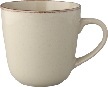 Kremowy kubek ceramiczny z uchwytem, rdzawym brzegiem i delikatnym nakrapianiem, widok z przodu.