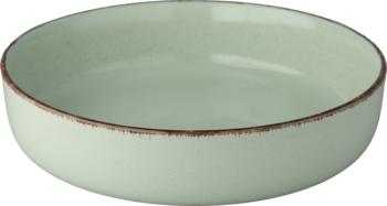 Rustykalna, jasnozielona ceramiczna miska z nakrapianą teksturą i brązowym, postarzanym rantem, widok z góry.