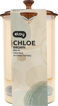 Eloy Chloe Brown 800ml zaparzacz do kawy i herbaty, bursztynowy, z etykietą produktu, widok z przodu.