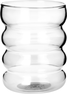 Transparentna szklanka termiczna z podwójną ścianką, falisty kształt z żebrowaniem, widok z przodu.