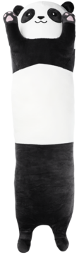 Długa pluszowa poduszka panda, czarno-biała, stojąca, z łapkami uniesionymi do góry i uśmiechniętą buzią.