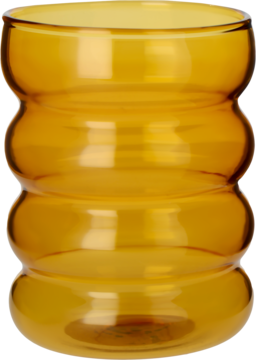 Bursztynowy szklany wazon o unikalnym kształcie z trzema wypukłymi segmentami, lśniące wykończenie, widok z przodu.