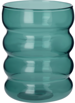 Turkusowa szklanka z grubego szkła, o cylindrycznym kształcie z trzema wyraźnymi, wypukłymi pierścieniami. Widok z przodu.