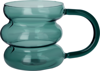 Ciemnozielony szklany kubek o organicznym kształcie z dwoma segmentami i dużym uchem, widok z boku.