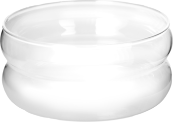 Przezroczysta szklana miska o okrągłym kształcie, z unikalnym designem przypominającym podwójne ścianki, widok frontalny.