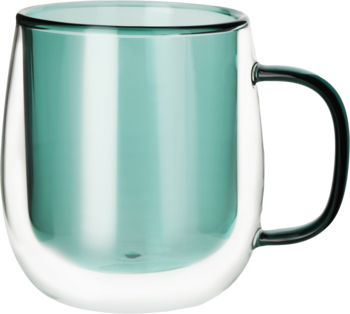 Elegancki szklany kubek termiczny z podwójnymi ściankami, turkusowy w środku, z przezroczystą obudową i czarnym uchwytem. Widok z przodu.