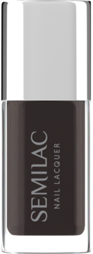 Semilac classic nail lacquer, dark brown Espresso shade, silver cap, front view of the bottle.