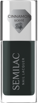 Lakier Semilac Bottle Green, głęboka zieleń, z cynamonowym zapachem. Butelka widziana z przodu, z etykietą CINNAMON scent.