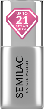 Semilac top hybrydowy UV Gel Polish w srebrnej butelce z etykietą 'UP TO 21 DAYS WET EFFECT', widok z przodu.