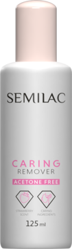 Biała butelka Semilac Caring Remover, zmywacz do paznokci bezacetonowy, truskawkowy zapach, 125ml, widok z przodu.