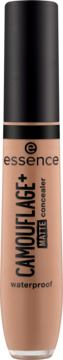 Beżowy korektor Essence CAMOUFLAGE+ MATTE waterproof, w butelce z czarną nakrętką, widok z przodu.