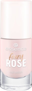 Lakier do paznokci essence Fairy ROSE 03 w pastelowym różu, z białą nakrętką i złotym napisem, widok z przodu.