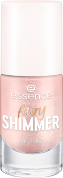 Lakier essence fairy SHIMMER 05, liliowy róż z złotymi drobinkami, w szklanej butelce, widok z przodu.