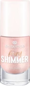 Lakier essence fairy SHIMMER 05, liliowy róż z złotymi drobinkami, w szklanej butelce, widok z przodu.