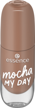 Lakier do paznokci Essence 83 Mocha My Day, ciepły, średni brąz, w butelce z logo i napisem, widok z przodu.