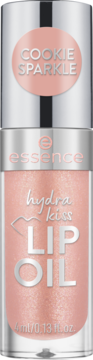 essence hydra kiss LIP OIL 09 Cookie Sparkle, mieniący się brzoskwiniowy olejek w przezroczystej butelce, widok z przodu.