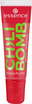 Błyszczyk Essence CHILI BOMB shiny lipgloss Xtreme PLUMP w czerwonej tubce, widok z przodu, zielone napisy, ikona chili.