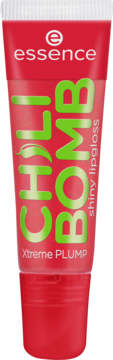 Błyszczyk Essence CHILI BOMB shiny lipgloss Xtreme PLUMP w czerwonej tubce, widok z przodu, zielone napisy, ikona chili.