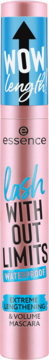 Różowa maskara Essence Lash Without Limits Waterproof z napisem "WOW length!", Extreme Lengthening & Volume, widok z przodu.