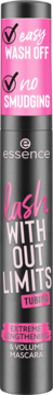 Mascara essence Lash WITHOUT LIMITS Tubing, czarna tuba z różowymi napisami, łatwo zmywalna, bez smug.