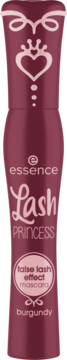 Bordowy tusz do rzęs Essence Lash Princess False Lash Effect, cylindryczne opakowanie z ozdobnym wzorem i sercem, widok z przodu.