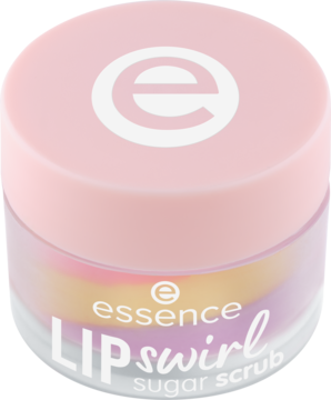 essence LIP swirl sugar scrub 01 w przezroczystym słoiku z różową nakrętką i kolorowym peelingiem, widok z góry.