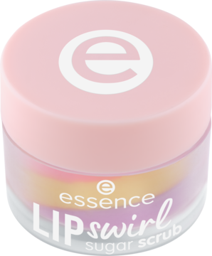 essence LIP swirl sugar scrub 01 w przezroczystym słoiku z różową nakrętką i kolorowym peelingiem, widok z góry.