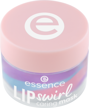 Różowy słoiczek Essence LIP swirl caring mask, widoczny od góry, z fioletowo-niebieskim, spiralnym wzorem.