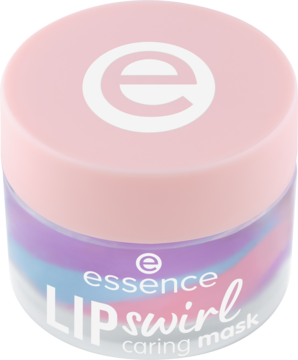 Różowy słoiczek Essence LIP swirl caring mask, widoczny od góry, z fioletowo-niebieskim, spiralnym wzorem.