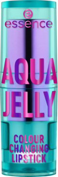 Essence AQUA JELLY, szminka zmieniająca kolor, w turkusowej tubie, widok z przodu z gradientowym, różowo-fioletowym napisem.