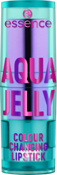 Essence AQUA JELLY, szminka zmieniająca kolor, w turkusowej tubie, widok z przodu z gradientowym, różowo-fioletowym napisem.