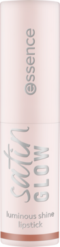 Pomadka Essence Satin Glow Luminous Shine w różowo-beżowym opakowaniu z pionowymi srebrnymi napisami, widok z przodu.