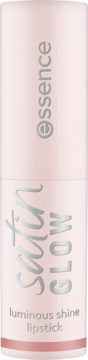 Jasnoróżowa pomadka Essence Satin Glow Luminous Shine Lipstick, pionowy widok tubki z srebrnymi napisami.
