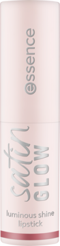 Essence Satin Glow Luminous Shine Lipstick w jasnoróżowej tubce ze srebrnym tekstem, pionowy widok.