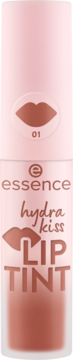 Essence Hydra Kiss Lip Tint 01 Blushing Nude, jasnoróżowa tuba z brązowo-różowym tintem i logo ust, widok z przodu.