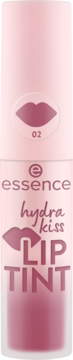 Essence Hydra Kiss Lip Tint 02 Vintage Rose, pionowo z przodu. Różowa buteleczka z logo i ikoną ust.