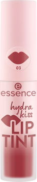 Essence Hydra Kiss Lip Tint Rosy Blossom, przezroczysta butelka z różowo-czerwonym płynem, widok z przodu.