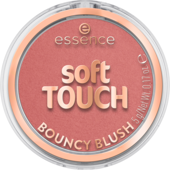 essence Soft TOUCH Bouncy Blush, delikatny różowy rumieniec w okrągłej kasetce z miedzianą obwódką, widok z góry.