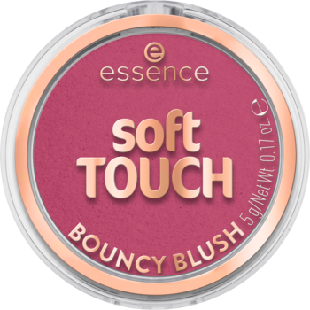 essence soft TOUCH BOUNCY BLUSH, intensywny róż do policzków, okrągły kompakt w miedzianej obwódce, widok z góry.
