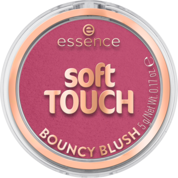 essence soft TOUCH BOUNCY BLUSH, intensywny róż do policzków, okrągły kompakt w miedzianej obwódce, widok z góry.