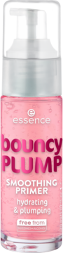 essence bouncy PLUMP SMOOTHING PRIMER, różowa butelka z białą pompką, nawilżający i wygładzający, widok z przodu.
