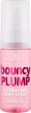 Essence Bouncy Plump Hydrating Dewy Spray, różowa butelka z białym korkiem, widok z przodu, prep & set.