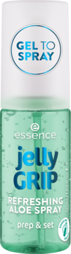 essence Jelly GRIP REFRESHING ALOE SPRAY, zielony żel w sprayu do twarzy z aloesem, przygotowujący i utrwalający, z przodu.