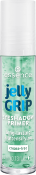 Essence Jelly GRIP Eyeshadow Primer, przezroczysta butelka z zielonym żelem, napis 'crease-free', widok z przodu.