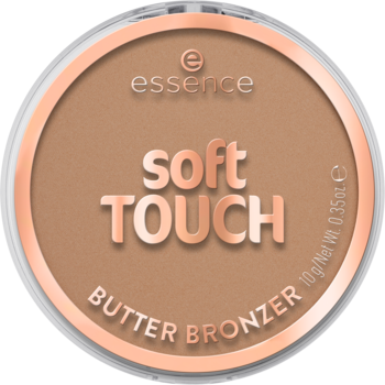 Bronzer essence soft TOUCH BUTTER BRONZER 10, jasny brąz, okrągły kompakt, matowe wykończenie, widok z góry.