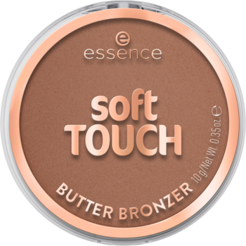 essence soft TOUCH BUTTER BRONZER, okrągły, matowy bronzer w ciepłym, złotym odcieniu. Widok z góry zamkniętego opakowania.