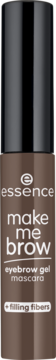 Żelowa maskara do brwi Essence Make Me Brow 07 Dark Browny Brows, brązowa butelka z czarną zakrętką i włóknami.