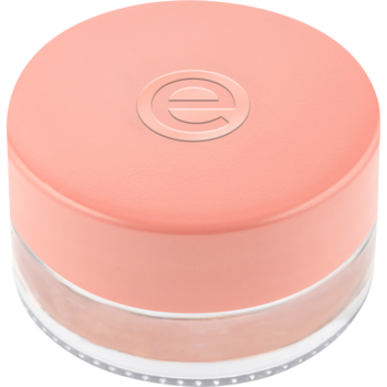 Cień essence 01 Rose w kremowej formule, różowo-złoty, w okrągłym słoiczku z brzoskwiniową nakrętką z logo 'e'.