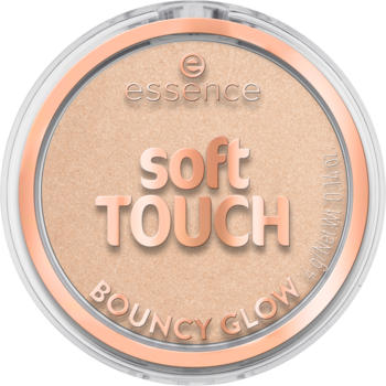essence soft TOUCH BOUNCY GLOW rozświetlacz w okrągłym kompakcie, beżowy puder, różowozłote detale, widok z góry.