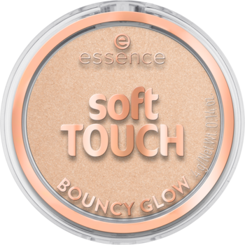 essence soft TOUCH BOUNCY GLOW rozświetlacz w okrągłym kompakcie, beżowy puder, różowozłote detale, widok z góry.